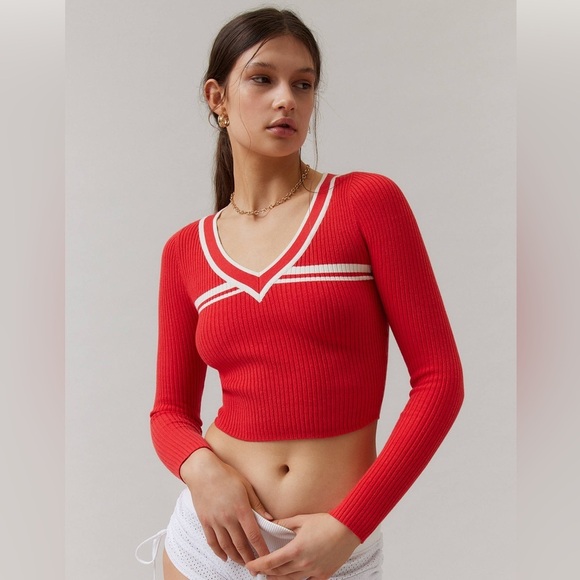BDG Addison V Neck Ribbed Knit Sweater NWT bright Cherry Red fitted urban UO - Picture 9 of 9